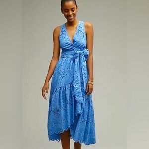 Anthropologie Maeve Eyelet Wrap Midi Dress Blue Wedding Guest Summer Wedding 12